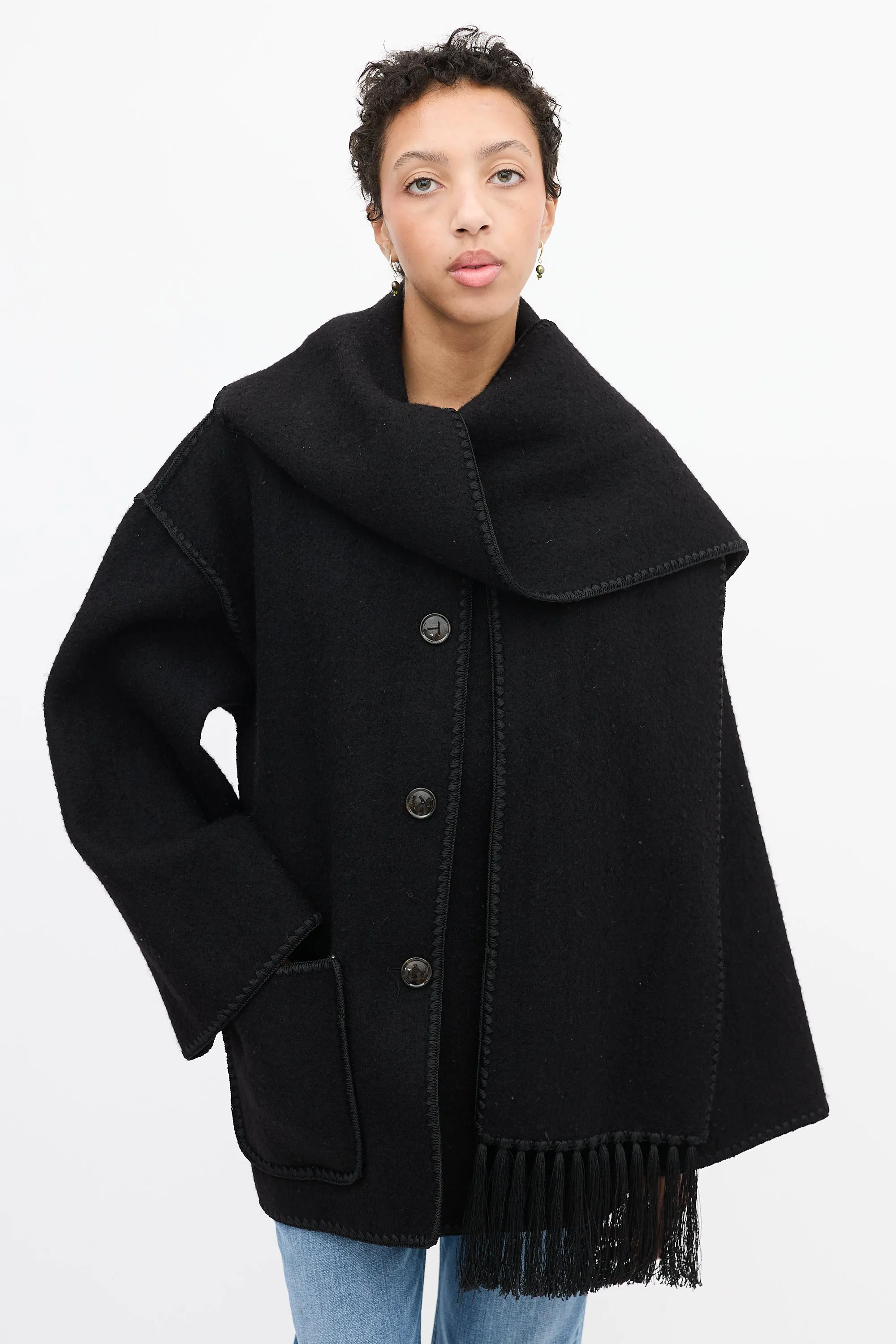 Black Wool Embroidery Scarf Jacket